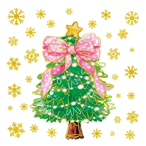 Christmas tree window sticker with pink bow and golden glitter snowflakes for decor