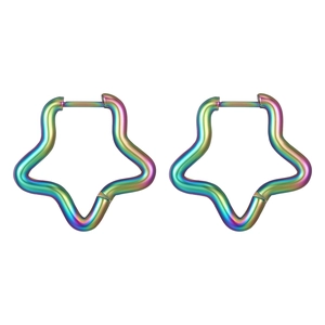 Rainbow gradient star-shaped stainless steel hoop earrings with metallic finish