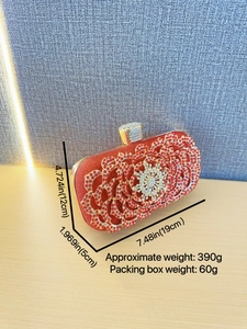 Red rhinestone evening clutch bag with crystal flower pattern and gold metal frame