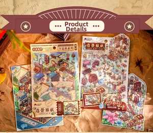 Macro detail of retro 3D landscape stickers with PVC materials and antique shop theme