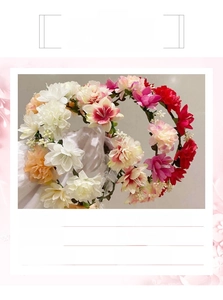 Detailed view showing red and pink fabric flower wreath for bridal wedding accessories