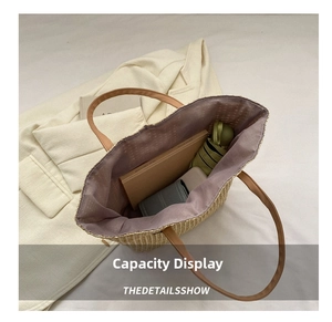 Top view of large straw tote bag showing spacious lavender interior with daily essentials