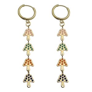 Detail of tiered mushroom dangle earrings with colorful polka dots and gold finish