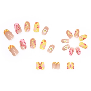 Colorful round press-on nails set featuring sunflower, smiley face, and wavy patterns