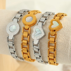 Elegant gold and silver Roman numeral bracelets with shell inlay in heart and round shapes