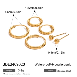 Golden stainless steel hoop earring set in three sizes plus ball studs for women