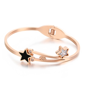 Star Hinged Bangle Titanium Steel Bracelet For Women Black Enamel Pentagram Rhinestone Inlaid Fashion Jewelry