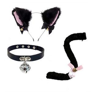 Detailed set of black and pink plush cat ears, leather bell collar, and furry tail