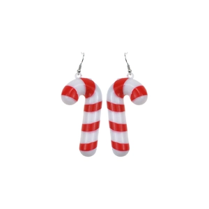 Close-up of red and white striped candy cane Christmas earrings with silver hooks