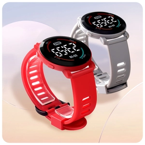 Detail of red and grey LED digital watches with soft silicone sports wristband