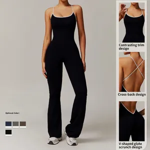 Combinaison de yoga dos croisé avec liseré contrasté et bas évasé pour fitness