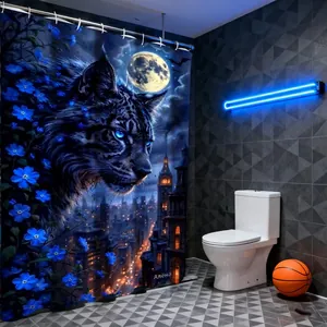 Detail of waterproof lynx print shower curtain with vibrant blue flowers and moon