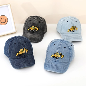 Children's denim baseball cap with excavator embroidery in various washed blue colors