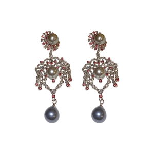 Vintage silver hollow earrings with grey pearls and red crystal accents in a drop design