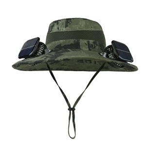 Outdoor camouflage sun hat featuring dual solar-powered fans and breathable mesh vents
