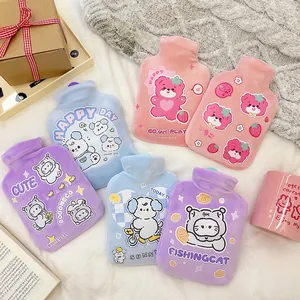 Plush hot water bottle with cute cartoon animal patterns in various soft pastel colors