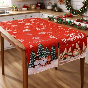 Christmas Table Runner Red Polyester Soft Cloth Cartoon Santa Snowman Reindeer Printed Holiday Dining Kitchen Decor