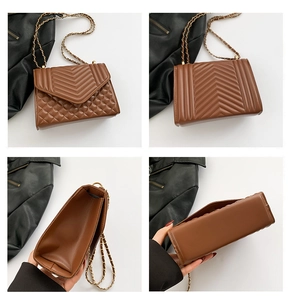 Detailed four-way views of a brown quilted leather crossbody bag with golden chain strap