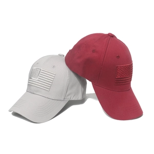 Burgundy and grey baseball caps with embroidered American flag patch on high-quality cotton