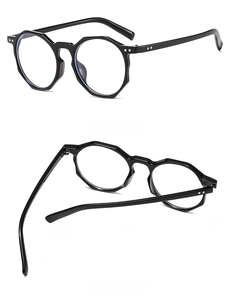 Detailed side and back views of black polygonal retro anti-blue light glasses frames