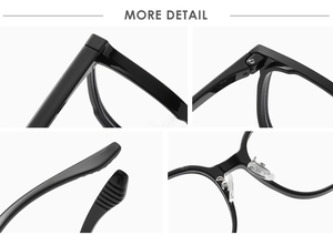 Dettagli della montatura TR90 con aste antiscivolo e cerniere metalliche resistenti