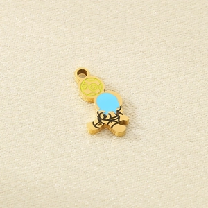 Detailed view of colorful enamel boy and girl charms in gold stainless steel