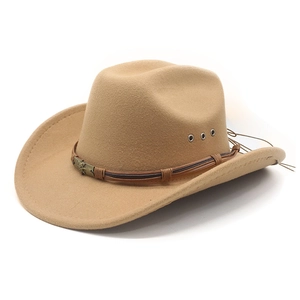 Tan western cowboy hat with wide brim, leather woven band, and retro metal buckle detail