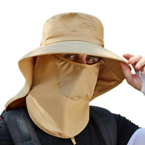 Khaki sun hat with wide brim, breathable face mask and neck flap for outdoor protection