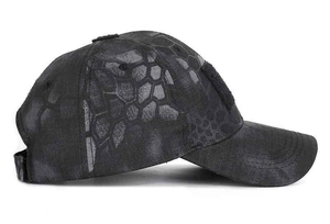 Detail of black python camouflage tactical baseball cap with durable ripstop fabric