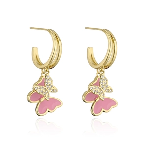 Detail of 18K gold plated earrings with pink enamel butterflies and clear zircons