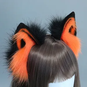 Cosplay orange fox plush ears headband with black tips for Halloween costume props