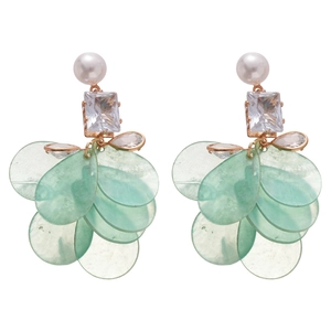 Elegant pearl and zircon drop earrings with mint green shell charms on rose gold base