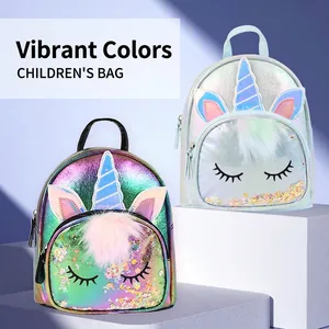 Kids Backpack Unicorn Cartoon Iridescent PU Leather Sequins Plush Ball Fashion Girls Travel Toddler