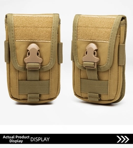 Detailed views of khaki tactical waist bag featuring MOLLE webbing and buckle closure
