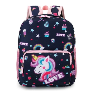 Cute dark blue unicorn backpack for toddlers with pink straps and cartoon patterns