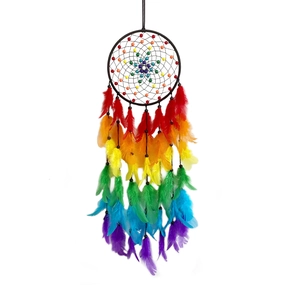Handmade rainbow dream catcher with vibrant feathers and beads on a black circular frame