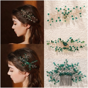 Green Crystal Hair Comb Handmade Rhinestone Alloy Leaf Antique Style Wedding Bridal Side Comb For Women Party