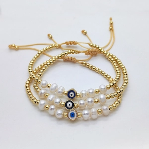 Evil Eye Bracelet Natural Freshwater Pearl 18K Gold Plated Copper Beads Handmade Woven Adjustable Baroque Jewelry For Women