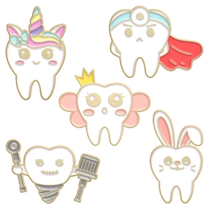 Set of five creative cartoon tooth enamel pins with colorful dental care themed designs