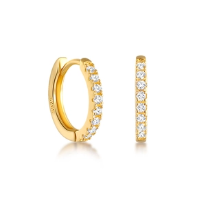 Close-up of gold S925 sterling silver hoop earrings with shimmering clear zircons