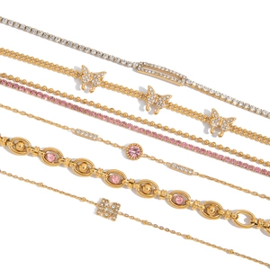 18K gold plated stainless steel bracelet set with pink zircon and butterfly charms