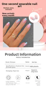 Detail view of light blue wave pattern square press-on nails with product specifications