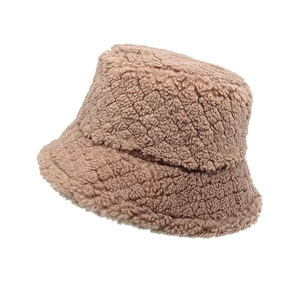 Light brown teddy fleece bucket hat for women with thick warm plush texture and chic design