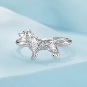 Adjustable S925 sterling silver open ring featuring a realistic Golden Retriever puppy design