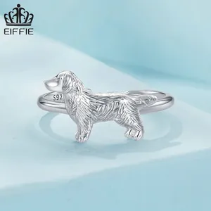 Adjustable S925 sterling silver open ring featuring a realistic Golden Retriever puppy design