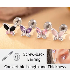 Butterfly Zircon Stud Earrings Titanium Steel Flat Back Screw Cartilage Helix Piercing Jewelry For Women Girls