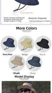 Detailed specs of men's wide brim sun hat with breathable mesh and windproof rope