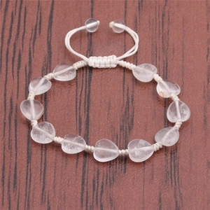 Handmade woven heart bead bracelet with adjustable white cord and quartz crystal