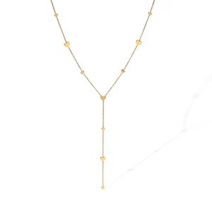 Detailed view of a gold-plated Y-shaped stainless steel chain with heart charms