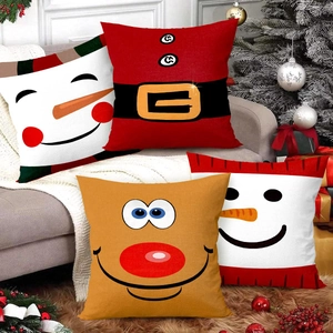 Housses De Coussin De Noël Polyester Aspect Lin Dessin Animé Bonhomme De Neige Père Noël Renne Décoration